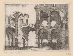 Rester af Colosseum i Rom Listesso (titel på objekt) Udsigt over Rom (serietitel) Alcune vedute et prospettive di luoghi dishabitati di Roma (serietitel) af Giovanni Battista Mercati