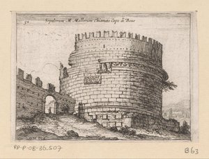 Tombe van Caecilia Metella te Rom Sepulcrum M. Mallorum kaldet Cape of Boue (titel på objektet) Gezichten op Rom (serietitel) Nogle udsigter og perspektiver af ubeboede steder i Rom (serietitel) af Giovanni Battista Mercati