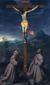 Korsfæstelse med de hellige Bernardino og Antonius af Padua, af Giovanni Battista Moroni (1525 ca-1578), olie på lærred, 226x133 cm, San Giuliano kirke, Albino af Giovanni Battista Moroni