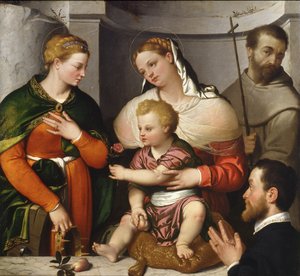 Madonna og barn med St. Catherine, St. Francis and the Donor, ca. 1550 (olie på lærred) af Giovanni Battista Moroni