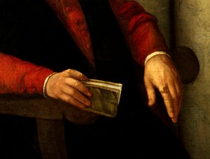 Formodet portræt af Francois Rabelais (1494-1553), fransk forfatter og læge. Detalje af bogen han holder i hånden og af ridderen han bærer på fingeren. Maleri af Giovanni Battista Moroni (1525-1578) af Giovanni Battista Moroni