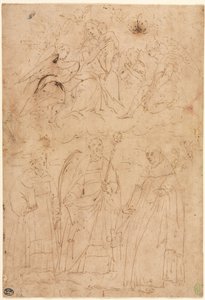 Madonna og barn i herlighed over tre hellige, ca. 1570.