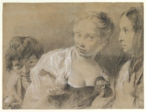 Dreng med et æg, pige med en høne og en iagttagende kvinde af Giovanni Battista Piazzetta