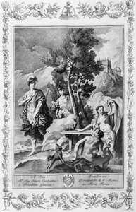 Carlo og Ubaldo i Happy Islands, gravering, af Giovanni Battista Piazzetta (1683-1754) for Canto XV af Jerusalem leveret, af Torquato Tasso (1544-1595), Giovanni Battista Albrizzi udgave, Venedig, Italien af Giovanni Battista Piazzetta