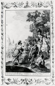Duel mellem Ottone og Tancredi i nærværelse af Clorinda, canto VI, Jerusalem leveret af Giovanni Battista Piazzetta