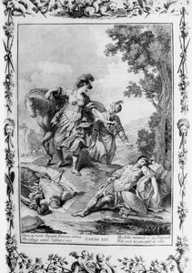 Erminia støder på sårede Tancredi, Canto XIX, Jerusalem leveret af Giovanni Battista Piazzetta