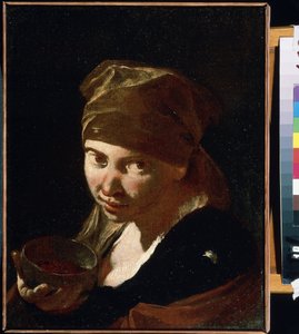 ""Portræt af en lille pige"" Barn af beskeden oprindelse, tjener eller bonde. Maleri af Giovan Battista (Giambattista) Piazzetta (1683-1754) Mikhail Kroshitsky kunstmuseum fra det 18. århundrede, Sevastopol (Sevastopol) Ukraine af Giovanni Battista Piazzetta