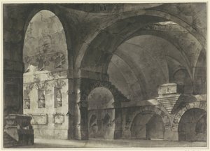 Interiør af en stor antik bygning med tøndehvælvinger og en kuppelunderbygning af Giovanni Battista Piranesi (attributed to)
