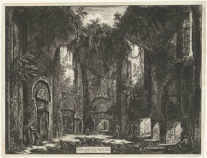 Akademie i de Villa Adriana t og Tivoli Diæt, eller begge dele Sted, der giver adgang til adskillige storslåede sengebåse og til andre storslåede rum, der findes i Villa Adrian (...) (titel på objektet) Gezichten op Rom (serietitel) Udsigt over Rom tegnet  af Giovanni-Battista Piranesi