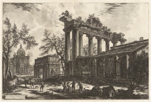 Altra Veduta degli avanzi del Pronao del Tempio del Concordia (En anden udsigt over resterne af Pronaos af Concordtemplet [Saturntemplet med Septimius Severus bue i venstre baggrund]), fra Vedute di Roma (Udsigt over Rom) af Giovanni Battista Piranesi