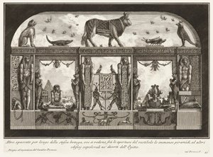Endnu et tværsnit af samme værksted, hvor den enorme pyramide kan ses mellem åbningerne i forhallen, fra Diverse Manner of adorning the paths af Giovanni Battista Piranesi