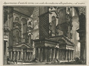 Ejendele af gamle bade med trapper, der fører til palestaren og til teatret af Giovanni Battista Piranesi