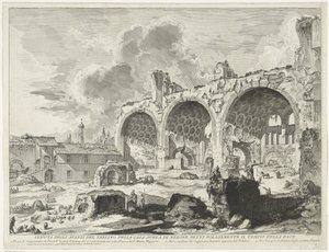 Basilica van Maxentius te Rom Udsigt over resterne af Tablino af Neros Gyldne Hus, almindeligvis kendt som Fredens Tempel (titel på objekt) Gezichten op Rom (serietitel) Udsigt over Rom designet og indgraveret af Giambattista Piranesi-arkitekten V af Giovanni-Battista Piranesi