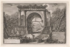 Boog van Augustus te Aosta Udsigt over buen bygget til ære for Augustus nær byen Aosta i Piemonte, tidligere Augusta Praetoria Salassorum (titel på objektet) Enhver ansigt op af en romersk opbygget triomfbogen og andre monumenter (serie af Giovanni-Battista Piranesi