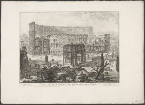 Boog van Constantijn på Colosseum i Rom Udsigt over Konstantins bue og det flaviske amfiteater kendt som Colosseum (titel på objektet) Gezichten op Rom (serietitel) Udsigt over Rom designet og indgraveret af Giambattista Piranesi-arkitekten Ve (nez) ian af Giovanni Battista Piranesi