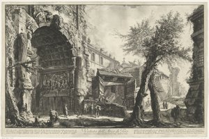 Boog van Titus i Rom Udsigt over Titusbuen (titel på objekt) Gezichten op Rom (serietitel) Udsigt over Rom designet og indgraveret af Giambattista Piranesi-arkitekten Ve (nez) iano (serietitel) af Giovanni-Battista Piranesi