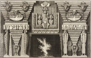 Kamin i egyptisk stil: To mumier i profil til venstre og to figurer, der bærer obelisker, til højre. af Giovanni Battista Piranesi