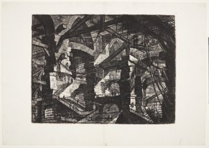 Komplekse grupper af indbyrdes forbundne ødelagte buer, der understøtter bjælker og reb af Giovanni Battista Piranesi