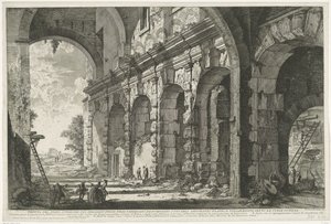 Fundering af de Santi Giovanni og Paolo te Rom Udsigt over den øverste etage af Serraglio delle Fiere bygget af Domitian til brug for det flaviske amfiteater og almindeligvis kendt som Curia Ostilia (titel på objektet) Gezichten op Rom (serietitel) Udsigt  af Giovanni-Battista Piranesi