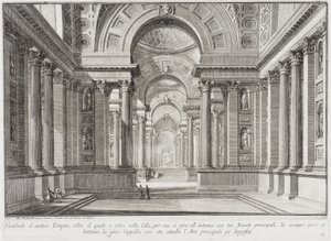 Imaginært antikt tempel, udformet i stil med dem, der blev bygget til ære for gudinden Vesta: i midten er det store alter, hvor vestalinderne bevarede den uudslukkelige hellige ild... af Giovanni Battista Piranesi