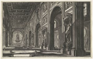 Interieur van de Sint-Jan van Lateranen te Rom Indvendigt billede af basilikaen S. Giovanni Laterano (titel på objektet) Gezichten op Rom (serietitel) Udsigt over Rom designet og indgraveret af Giambattista Piranesi-arkitekten Ve (nez) iano (serietitel) af Giovanni Battista Piranesi