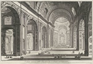 Interieur van de Sint-Pietersbasiliek te Vaticaanstad Indvendigt billede af Peterskirken i Vatikanet (titel på objektet) Gezichten op Rom (serietitel) Udsigt over Rom designet og indgraveret af Giambattista Piranesi-arkitekten Ve (nez) iano (serie ti af Giovanni Battista Piranesi