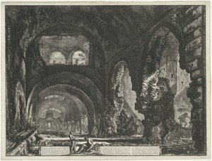 Interieur van de Tempel van Hercules Victor t og Tivoli Indvendigt billede af Villa di Mecenate (titel på objekt) Gezichten op Rom (serietitel) Udsigt over Rom designet og indgraveret af Giambattista Piranesi-arkitekten Ve (nez) iano (serietitel) af Giovanni Battista Piranesi