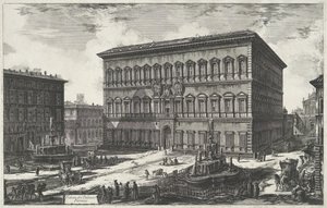Palazzo Farnese i Rom Udsigt over Palazzo Farnese (titel på objekt) Gezichten op Rom (serietitel) Udsigt over Rom designet og indgraveret af Giambattista Piranesi-arkitekten Ve (nez) iano (serietitel) af Giovanni-Battista Piranesi