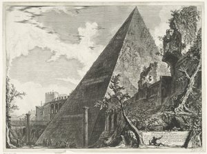 Piramide van Cestius i Rom Pyramide af C. Cestio (titel på objekt) Gezichten op Rom (serietitel) Udsigt over Rom designet og indgraveret af Giambattista Piranesi-arkitekten Ve (nez) iano (serietitel) af Giovanni Battista Piranesi