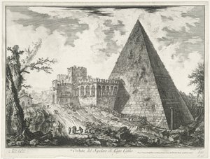 Piramide van Cestius i Rom Udsigt over Cajo Castios grav (titel på objektet) Gezichten op Rom (serietitel) Udsigt over Rom designet og indgraveret af Giambattista Piranesi-arkitekten Ve (nez) iano (serietitel) af Giovanni-Battista Piranesi