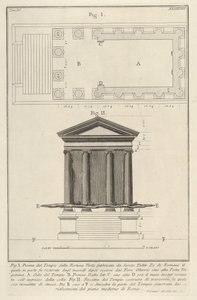 Plan og facade af Temple of Fortuna Virilis Tempio della Fortuna Virile, fra s..., 1756. af Giovanni Battista Piranesi