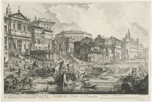 Havnen i Ripetta te Rom Udsigt over havnen i Ripetta (titel på objekt) Gezichten op Rom (serietitel) Udsigt over Rom designet og indgraveret af Giambattista Piranesi-arkitekten Ve (nez) iano (serietitel) af Giovanni Battista Piranesi