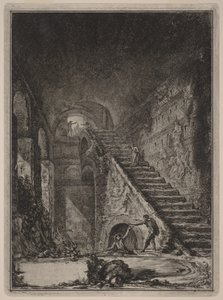 Perspektiv af trappen til vandreservoiret ved de allerede nævnte boliger, angivet på planen i tavle XIII med bogstavet G. af Giovanni Battista Piranesi