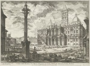 Santa Maria Maggiore i Rom Udsigt over basilikaen Santa Maria Maggiore med de to sidefabrikker af nævnte basilika (titel på objektet) Gezichten op Rom (serietitel) Udsigt over Rom designet og indgraveret af Giambattista Piranesi-arkitekten Ve (nez) bl.a af Giovanni Battista Piranesi