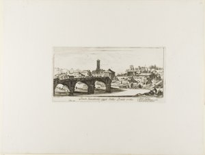 Senatsbroen, i dag kaldet Ponte Rotto [den ødelagte bro]. 1. Templet for Vesta. 2. Templet for Fortuna Virilis. 3. En del af det gamle Palatin, plade 14 fra Some Views of Triumphal Arches and other Monuments af Giovanni-Battista Piranesi