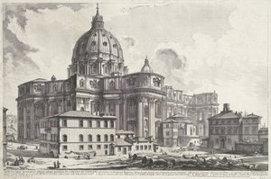 Sint-Pietersbasiliek vanaf Sakristiets Plads Udsigt over det ydre af den store Peterskirke i Vatikanet (titel på objektet) Gezichten op Rom (serietitel) Udsigt over Rom designet og indgraveret af Giambattista Piranesi-arkitekten Ve (nez) iano (ser) af Giovanni Battista Piranesi
