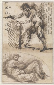 Studie af en stående mandlig figur, der måler en sokkel op (a). Studie efter Michelangelos Il Giorno (b) af Giovanni Battista Piranesi