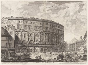 Marcellus Teater. Denne bygning blev bygget af Augustus og dedikeret til hans nevø Marcellus fra Vedute di Roma (Udsigt over Rom) af Giovanni Battista Piranesi