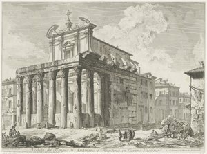 Tempel van Antoninus en Faustina te Rom Udsigt over Antoninus og Faustinas tempel i Campo Vaccino (titel på objektet) Gezichten op Rom (serietitel) Udsigt over Rom designet og indgraveret af Giambattista Piranesi-arkitekten Ve (nez) iano (serietitel) af Giovanni-Battista Piranesi