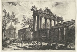 Tempel van Saturnus i Rom En anden udsigt over resterne af Pronaos af Concordia-templet (titel på objektet) Gezichten op Rom (serietitel) Udsigt over Rom designet og indgraveret af Giambattista Piranesi-arkitekten Ve (nez) iano (serietitel) af Giovanni Battista Piranesi