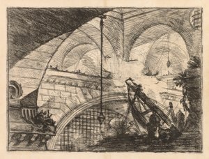 Fængslerne: En række gallerier med kranlignende opstilling af bjælker af Giovanni Battista Piranesi