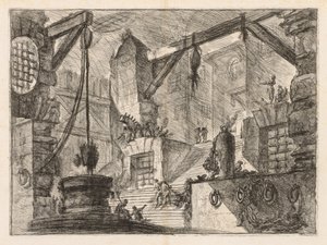Fængslerne: Kolonnerede interiør med en bred trappe, 1745-1750. af Giovanni Battista Piranesi