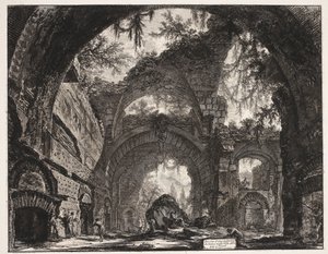 Thermen i de Villa Adriana t og Tivoli Ruinerne af et galleri med statuer i Hadrians villa i Tivoli (titel på objektet) Gezichten op Rom (serietitel) Udsigt over Rom designet og indgraveret af Giambattista Piranesi-arkitekten Ve (nez) iano (serietitel) af Giovanni-Battista Piranesi