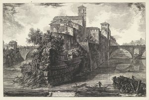 Tibereiland te Rom Udsigt over Tiberøen (titel på objekt) Gezichten op Rom (serietitel) Udsigt over Rom designet og indgraveret af Giambattista Piranesi-arkitekten Ve (nez) iano (serietitel) af Giovanni Battista Piranesi