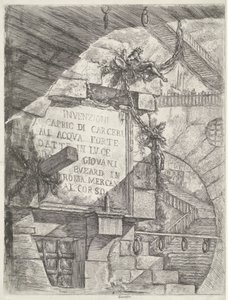 Titelprint med ansigt i fangehul og titel på væg Dungeons (serietitel) Invenzioni Capric di Carceri all Acqua Forte (serietitel på objekt) af Giovanni Battista Piranesi