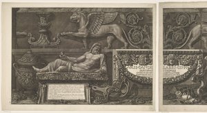 Titeltryk med skulpturer, udskårne relieffer og en sarkofag med titel Vaser, lysestager, gravsten, sarkofager, stativer, lamper og ornamenter designet og indgraveret af Giovanni Battista Piranesi (serietitel) Vasi, candelabri, cippi, sarkofag af Giovanni Battista Piranesi