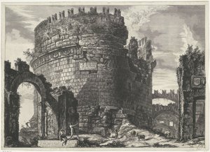 Tombe van Caecilia Metella te Rom Cecilia Metells grav (...) (titel på objekt) Gezichten op Rom (serietitel) Udsigt over Rom designet og indgraveret af Giambattista Piranesi-arkitekten Ve (nez) iano (serietitel) af Giovanni Battista Piranesi