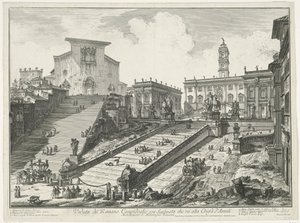 Trappen til Piazza del Campidoglio en de Santa Maria i Aracoeli te Rom Udsigt over den romerske Campidoglio med trappe, der fører til Araceli-kirken (titel på objektet) Gezichten op Rom (serietitel) Udsigt over Rom designet og indgraveret af Giambattista P af Giovanni-Battista Piranesi