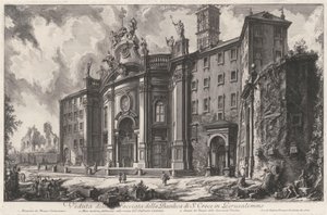 Udsigt over facaden på basilikaen Santa Croce in Gerusalemme af Giovanni Battista Piranesi