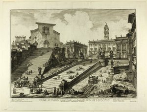 Udsigt over Capitoline Hill med trappen til kirken S. Maria i Aracoeli, fra udsigt over Rom af Giovanni Battista Piranesi